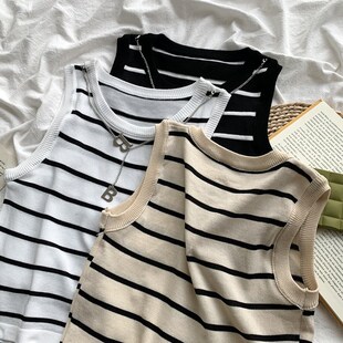 圆领外穿上衣 防走光贴身无袖 杏色条纹西装 内搭小背心女夏2023新款