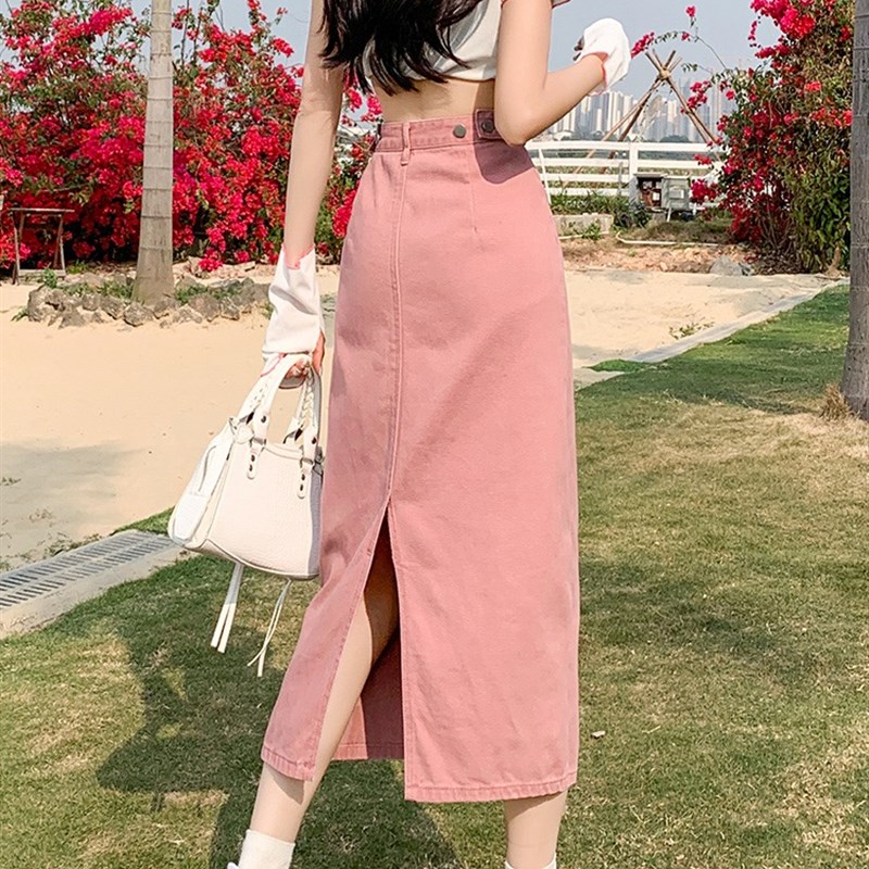 脏粉色牛仔半身裙女2025新款夏季春秋高腰中长款a字包臀开叉裙子
