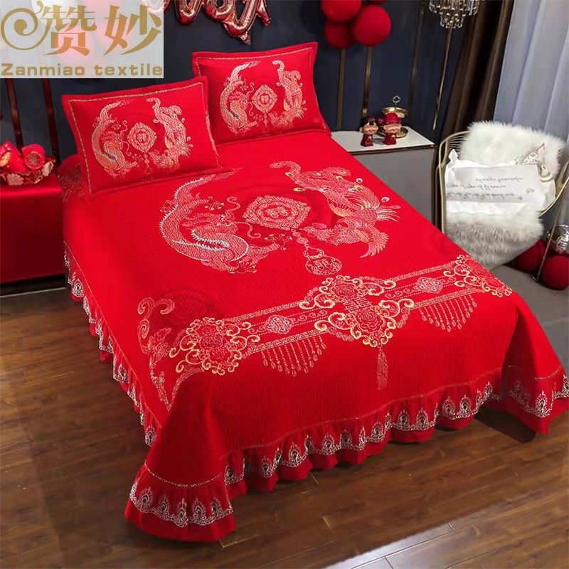 婚庆全棉床盖三件套床罩纯棉床裙2021年新款绗缝被高级红色结婚用