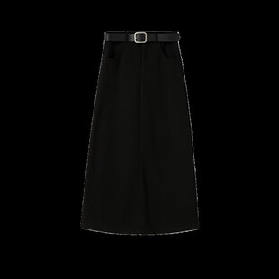 黑色后开叉半身裙女秋冬小个子中长款 a字裙包臀显瘦灯芯绒长裙潮