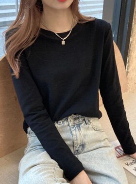 春秋冬季白色打底衫纯棉磨毛加绒叠穿洋气修身内搭上衣长袖T恤女