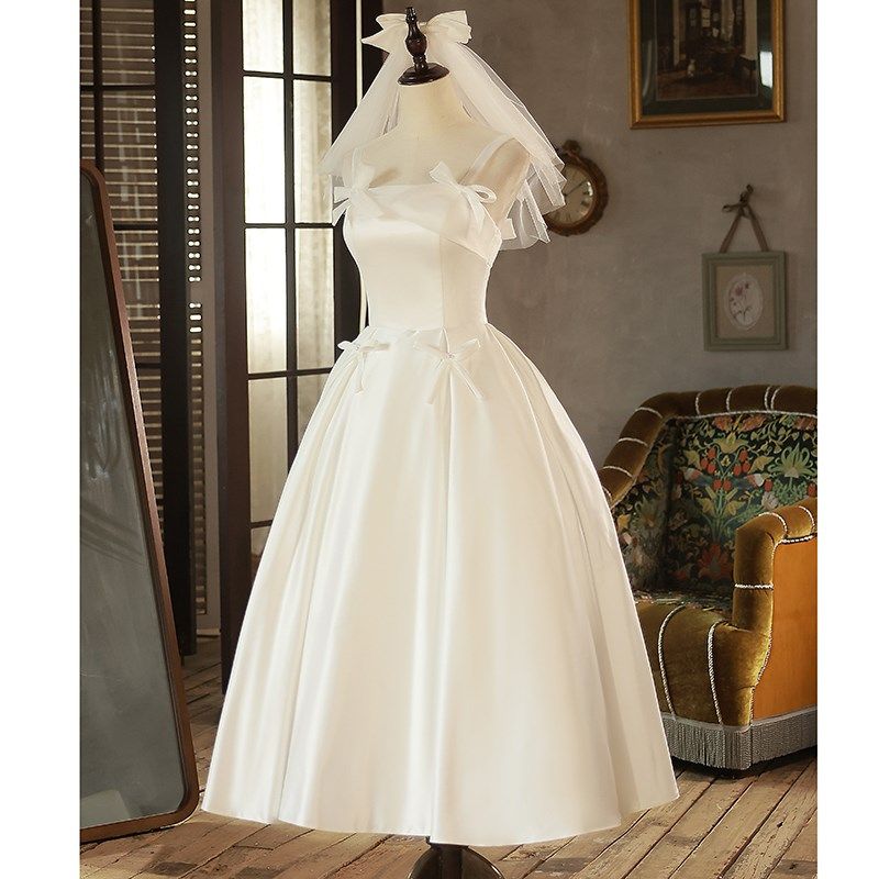 法式领证登记出门纱轻婚纱蝴蝶结简约小个子缎面纱裙森系礼服白色