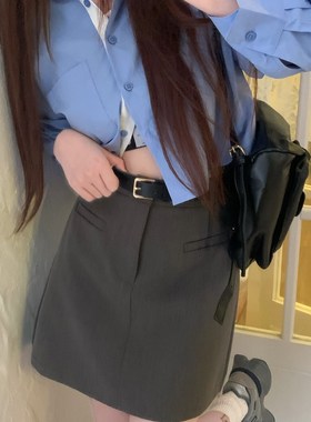 灰色西装半身裙女春秋大码胖mm防走光包臂短裙遮胯休闲百搭A字裙