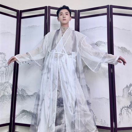 【余二制衣】中国风多飘带系带月白绛红大纱衣