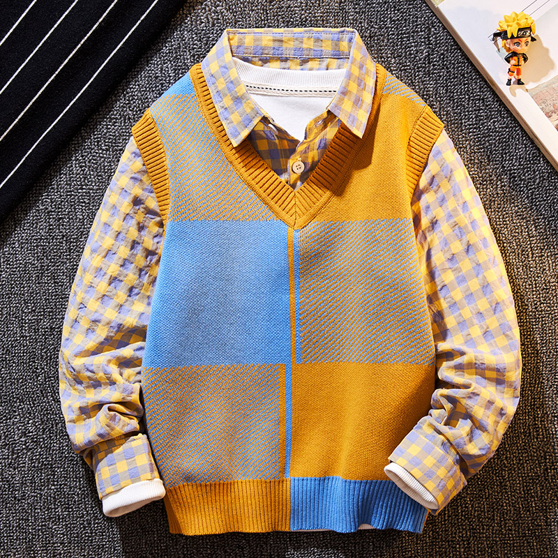 男童毛衣套头秋冬款2021年新款秋装儿童针织背心马甲衬衫假两件男
