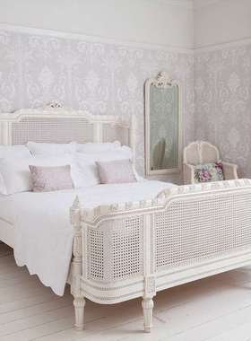 法式藤编实木床出口白色做旧复古高背公主床1.8 2.2米大床
