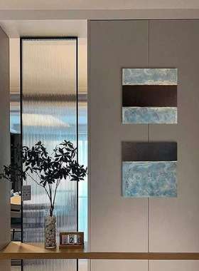 手绘油画蓝色正方形餐厅装饰画现代复古风立体肌理画客厅玄关挂画