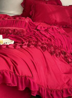 婚庆红色纯棉四件套浪漫法式雪纺玫瑰喜庆婚被全棉长绒棉床品结婚