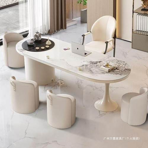 茶桌轻奢现代简约办公室家用小茶台网红奶油风岩板阳台茶桌椅组合
