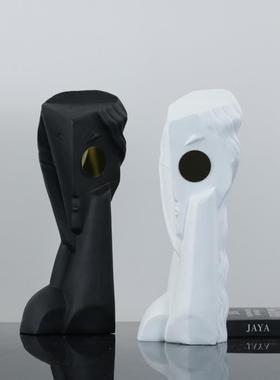 现代简约树脂白色黑色蓝色金眼艺术人像摆件酒店售楼处软装饰品