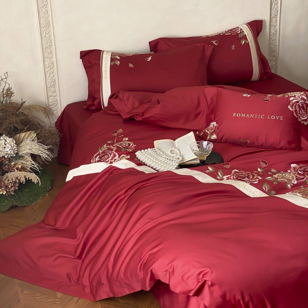 浪漫花卉刺绣婚庆款100s全棉四件套纯棉红色结婚床单被套婚房床品