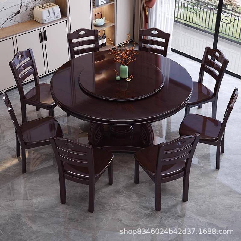 中式ZVT木餐桌酒家用小户型带转盘店1吃5实人大圆桌饭店圆餐桌饭