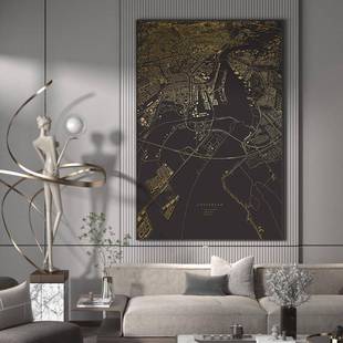 现代玄轻挂奢客厅关EM-1705装饰画黑色金工业风城市区位图背墙壁
