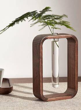 实木试管花瓶WIM客厅明玻璃桌面件黑胡桃木富透摆贵竹绿水萝培花