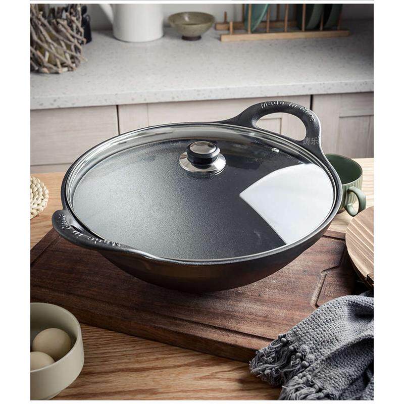 铸铁锅加深圆底炒菜锅粘双耳尖不专用燃气灶涂层家用老式底无炒锅