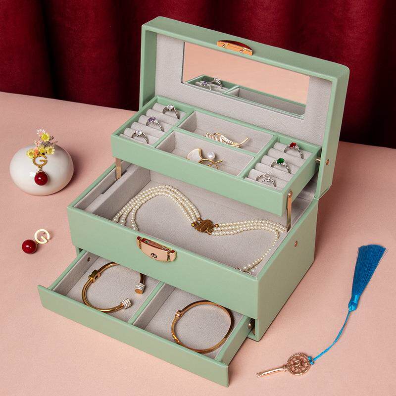 支持现货混批皮革化妆收纳首饰多层自动升降开合首饰盒珠宝