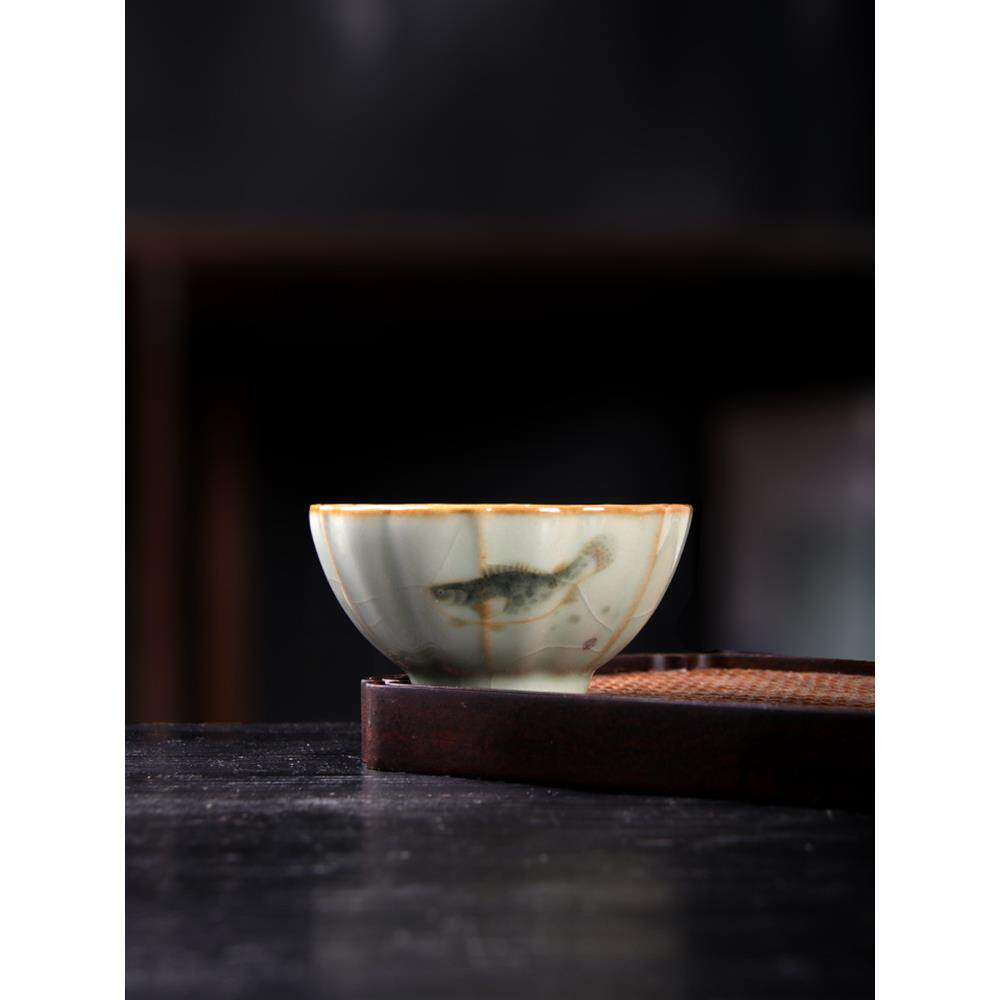 青玉汝窑描金茶间趣事主人杯中式茶盏汝瓷花瓣杯茶杯复古单品茗杯