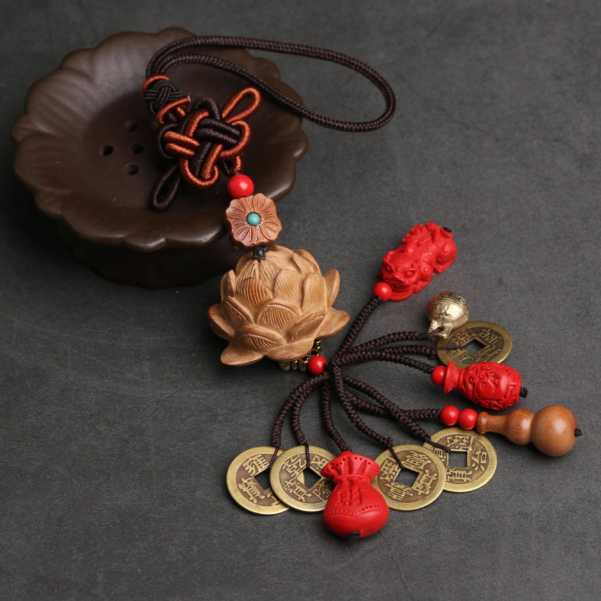 中国风黄221杨木莲朱花十全平十美车挂砂桃木安汽挂车后视镜内饰