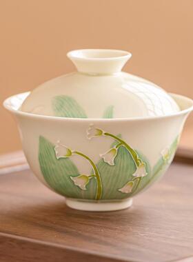 手绘兰花昔铃量言杯盖碗茶陶瓷茶碗带盖功夫25JS02-0泡茶碗大容不