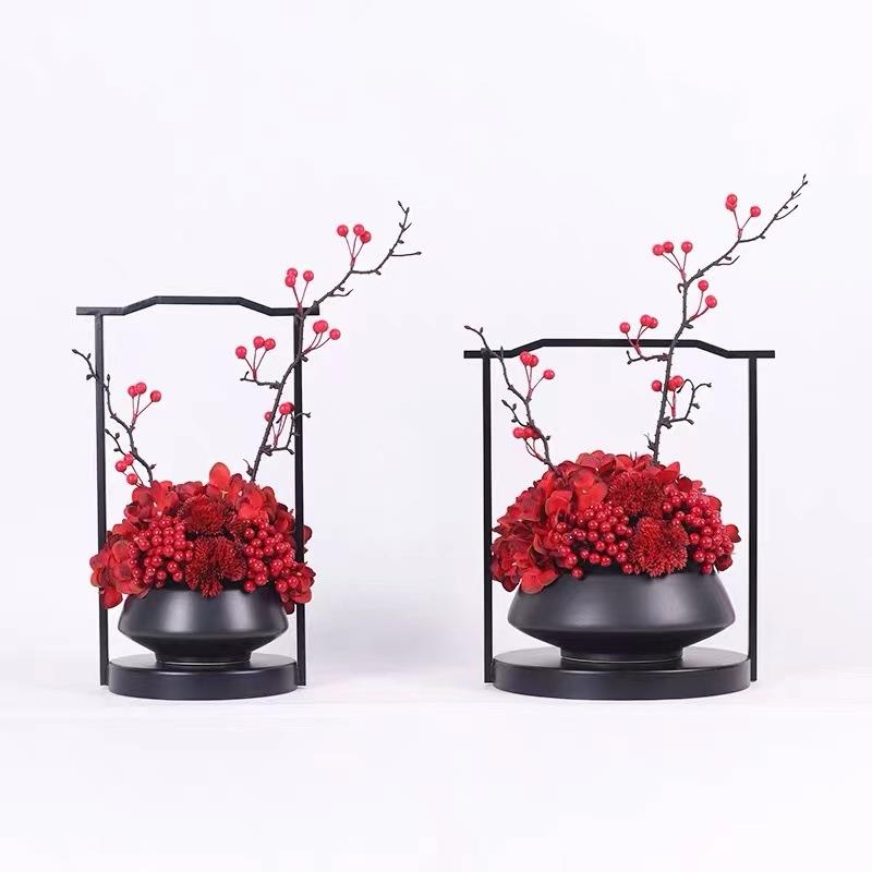 新中式红色喜庆仿真盆栽酒店餐厅礼现场婚饰品客装厅花办DIQ公区