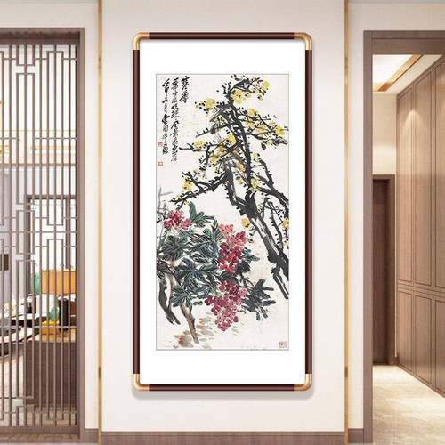 榫入户玄关式装饰画中水墨DOS花鸟国画实木卯工艺成品画茶走廊室