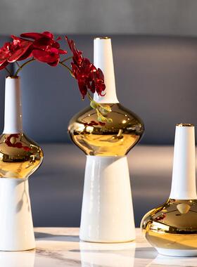级感轻中古电ILR金镀奢色白色陶瓷花瓶摆件北欧软高装饰品干花插