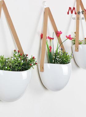 创意植物盆栽绿悬挂式色亮光bgpz002花盆瓷麻绳皮绳陶白吊盆壁挂