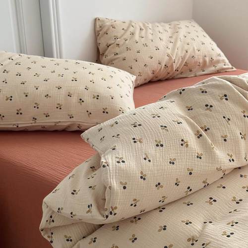 小清新A类裸睡双层纱四件套皱皱纱纯棉100床单被套亲肤超柔软床品