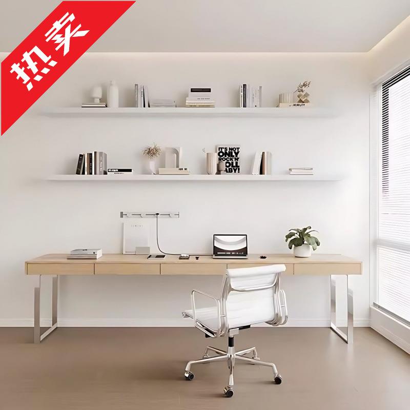 实木原木色书桌带抽屉家用办公桌书房电脑桌现代简约阳台意式桌子