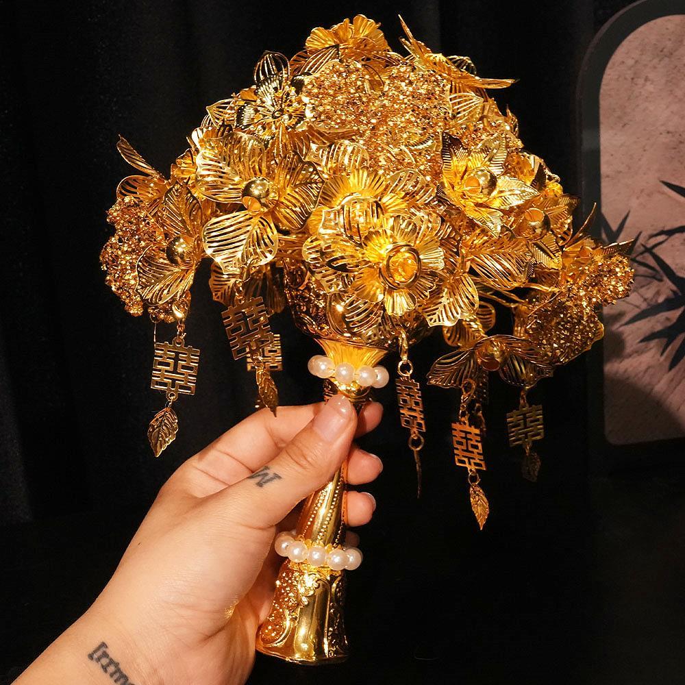 金色手捧花中式新娘出嫁手工diy高级结婚礼物送女友婚纱银色捧花