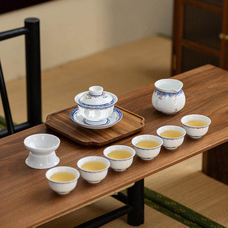 出口品质景德镇名瓷青花玲珑茶具套组正品高白瓷盖碗镂空功夫茶具
