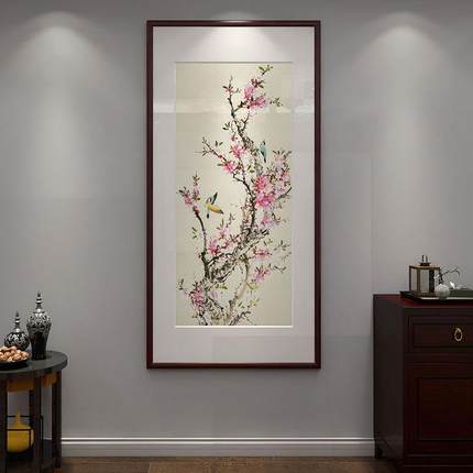新中式玄关装饰画喜上眉梢竖款挂画走廊过道墙壁画楼梯间花鸟挂画