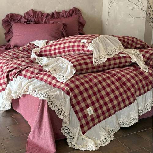 法式复古格子全棉色织水洗棉四件套纯棉浪漫蕾丝花边被套床上用品