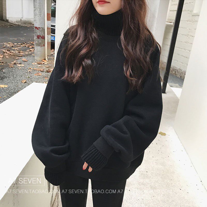 加绒加厚卫衣女秋冬新款韩版潮学生宽松懒惰假两件高领毛衣外套
