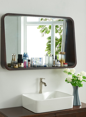 实木方形浴室镜洗手间白蜡木带储物化妆梳妆镜壁挂墙式卫生间镜子