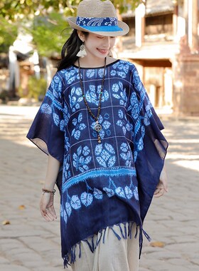 云南旅游披肩女复古文艺棉麻套头流苏外套蓝底印染树叶民族风围巾