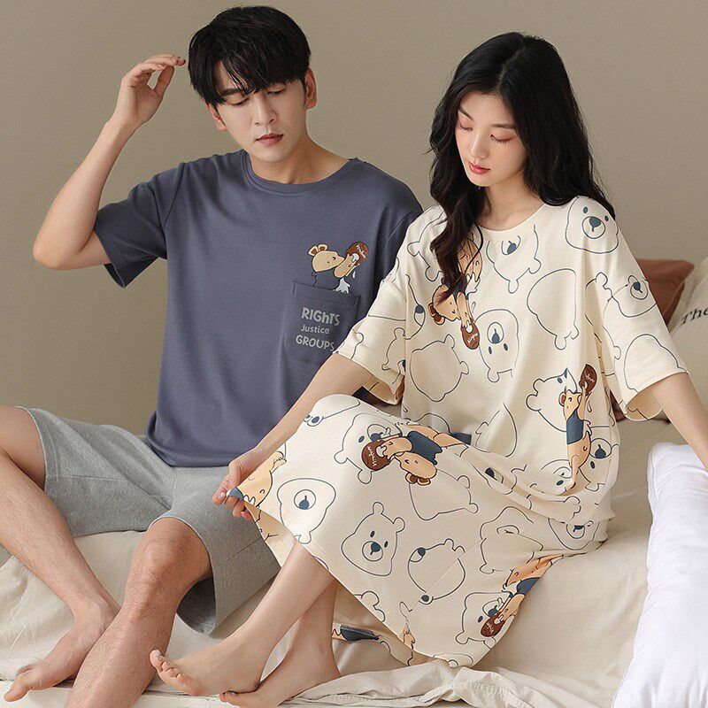 情侣睡衣夏季纯棉睡裙女短袖薄款睡衣/家居服套装