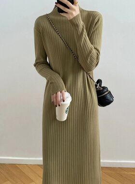 秋冬新款半高领毛衣女中长款过膝大衣打底内搭流苏裙摆针织连衣裙