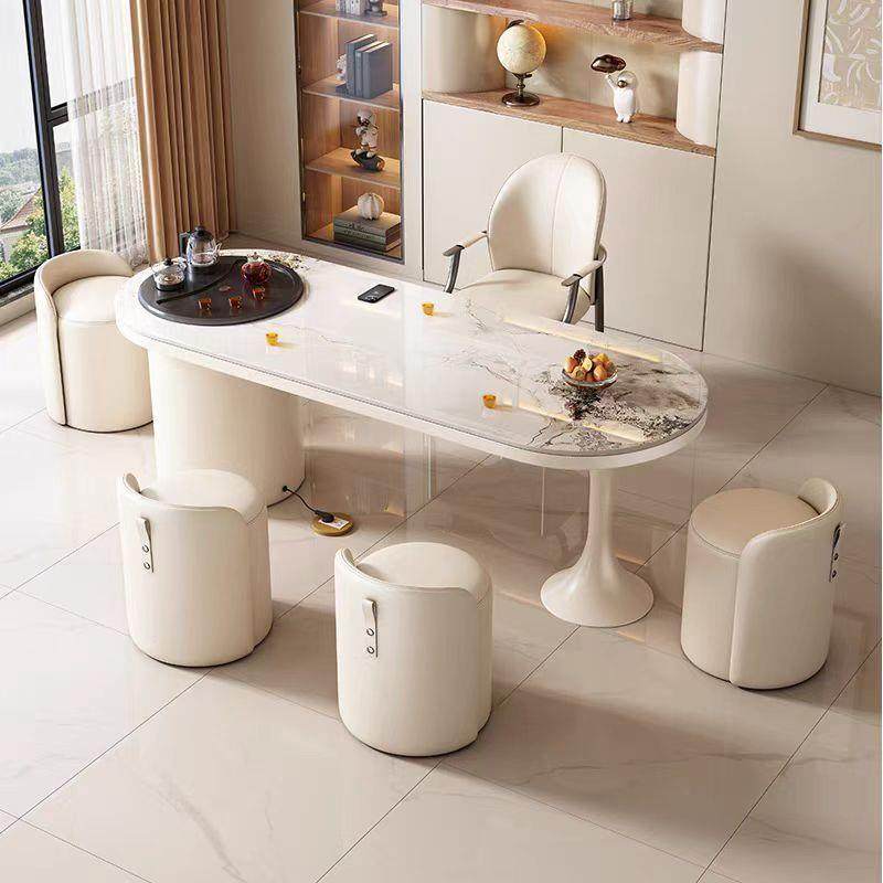 现代简约岩板茶桌书桌一体两用奶油风办公室洽谈桌轻奢功夫泡茶台