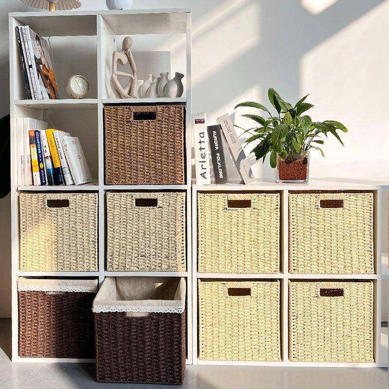 日式仿客编收纳筐色厅高UKS颜值长方形收箱仿藤编收纯纳纳框