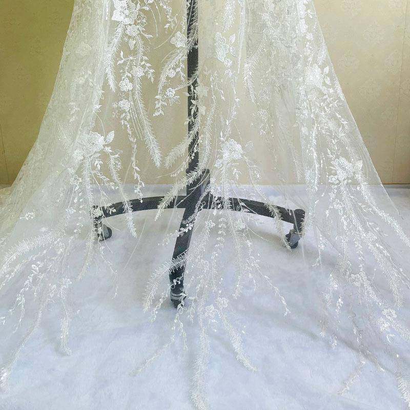 新款蕾丝透布料幅礼亮片刺满服绣面TF451料明片珠绣潮州婚纱立体