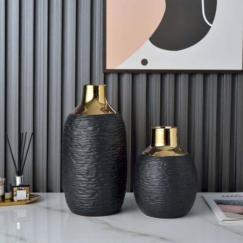 简诧奢瓶黑白金JOI色电镀寂件陶瓷花花器二件套电视柜摆半夏软装