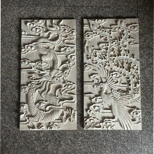 饰挂件 方形实木雕刻龙凤图案装 橡胶木浮雕工艺 中式 木雕龙