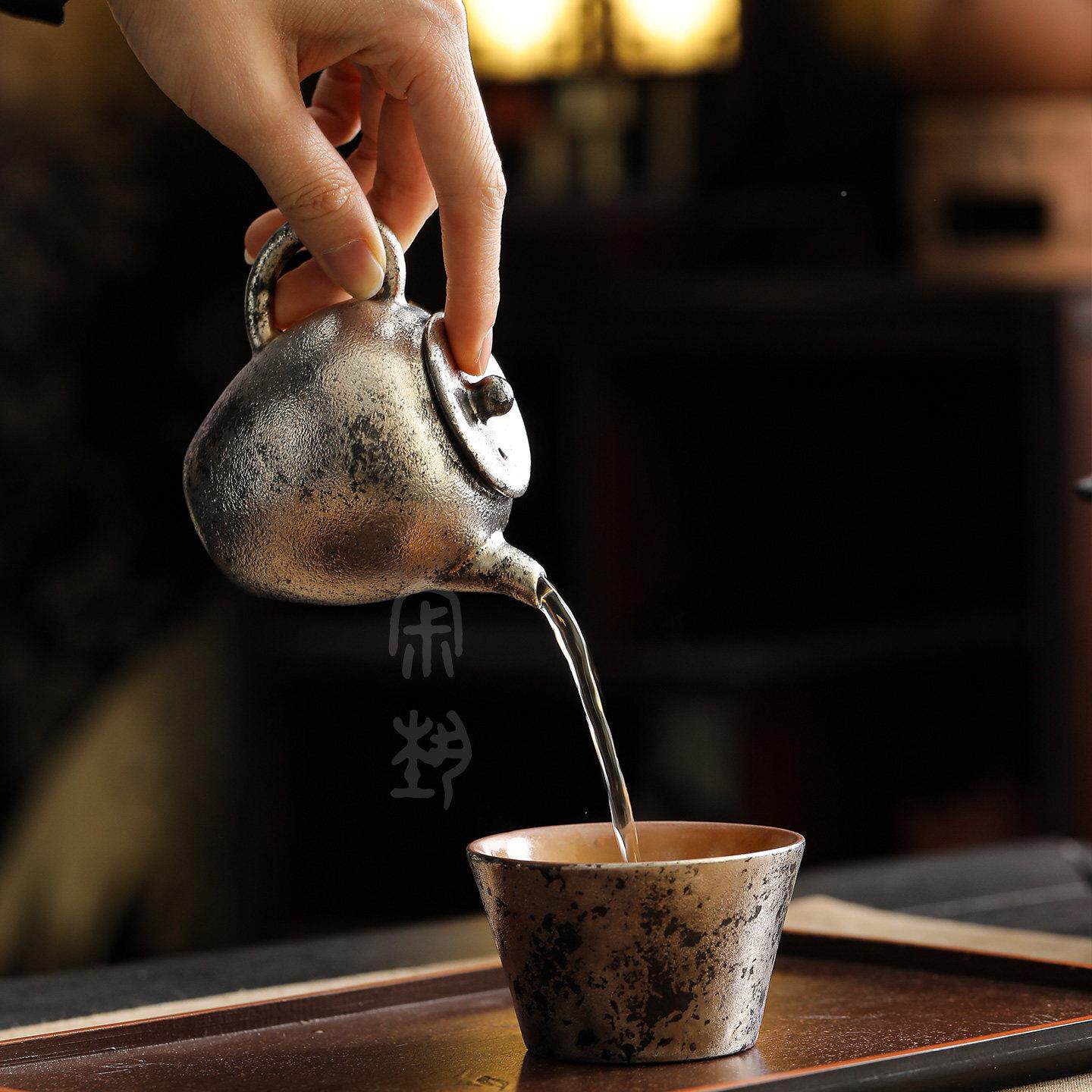新式复古鎏银茶壶烧壶银箔高志野鎏银档茶具泡茶中单壶梨形礼盒装