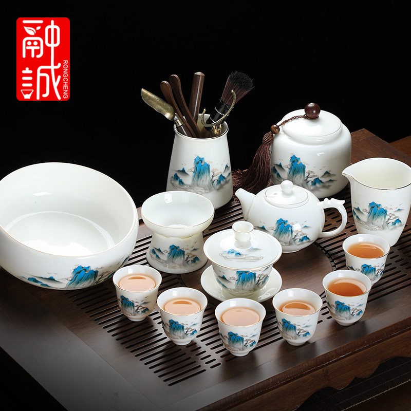 羊脂玉白瓷功夫茶具套装茶杯家用高颜值客厅中式盖碗茶碗陶瓷泡茶