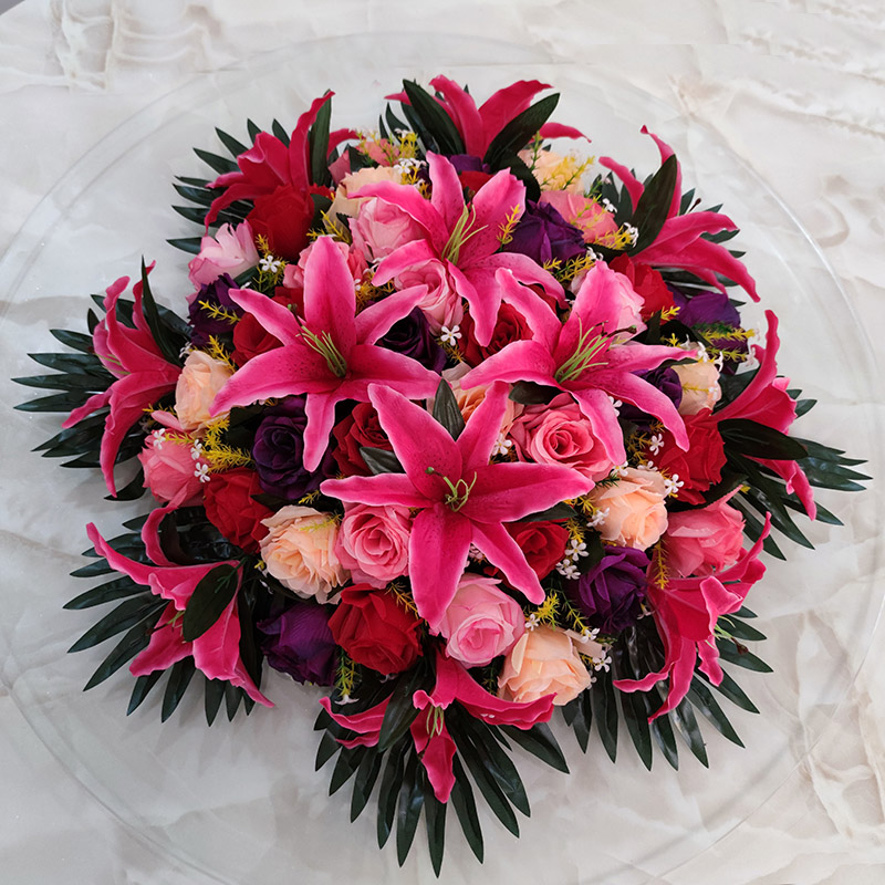 大圆桌中间摆花饭店餐桌电动转盘花假花酒店塑料装饰花绢插花摆件