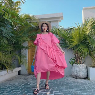 韩版 荷叶边拼接显瘦t恤女甜美减龄宽松大码 连衣裙子 短袖 2020夏季