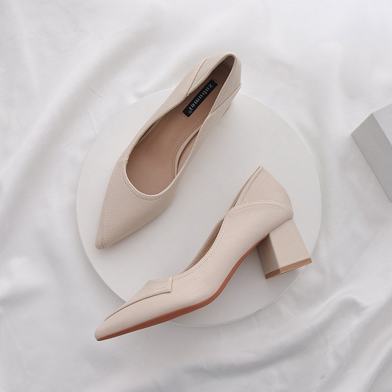 软皮气质中跟单鞋女2024新款秋款粗跟高跟鞋秋天尖头浅口四季鞋女,女鞋,浅口单鞋,淘宝优惠券,粉丝福利购,淘宝优惠卷