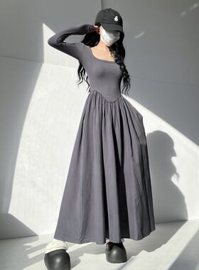 法式芭蕾女主气质冷淡风收腰拼接连衣裙春秋显瘦打底外穿长袖长裙