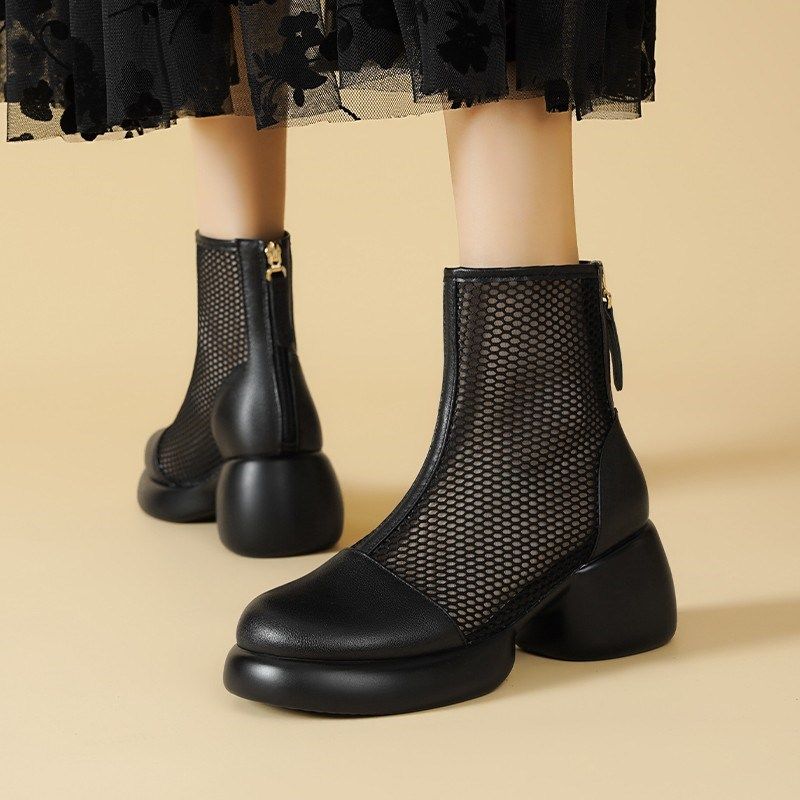 薄款网纱马丁靴女真皮粗跟透气纱网镂空短靴夏季新款厚底高跟凉靴,女鞋,时装靴,淘宝优惠券,粉丝福利购,淘宝优惠卷